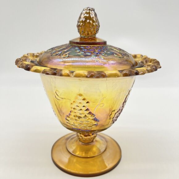 VTG 70s Indiana Amber Glass Carnival Autumn Harvest Grape Candy Jelly Dish w/Lid - Picture 1 of 11